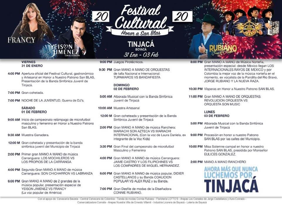 Programación General, Festival Cultural, Gastronómico y Artesanal en Honor a San Blas. Tinjacá, Boyacá, 2020